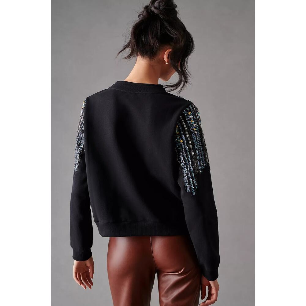 New Anthropologie Let Me Be Disco Sequin Sweatshirt $168 Small Black - Picture 4 of 7